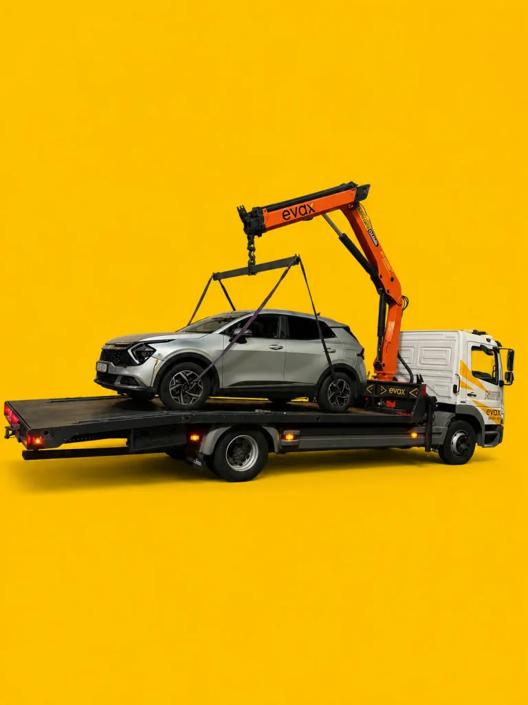 Manipulator EVAX utilizat pentru ridicarea și transportul vehiculelor și utilajelor în Chișinău și Republica Moldova.